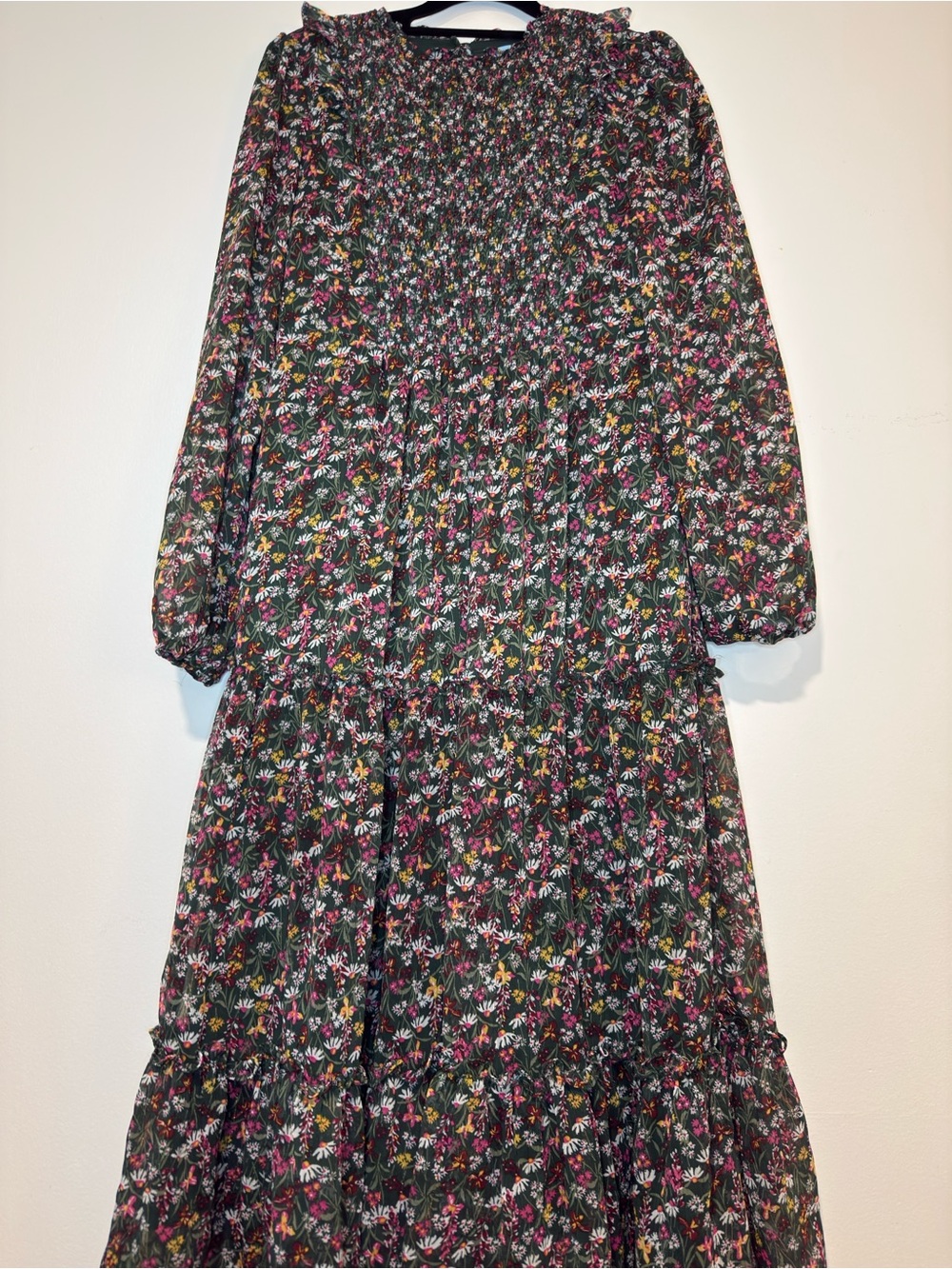 Draper James Black Floral Smocked Tiered Midi Dress with Pink & Yellow Accents